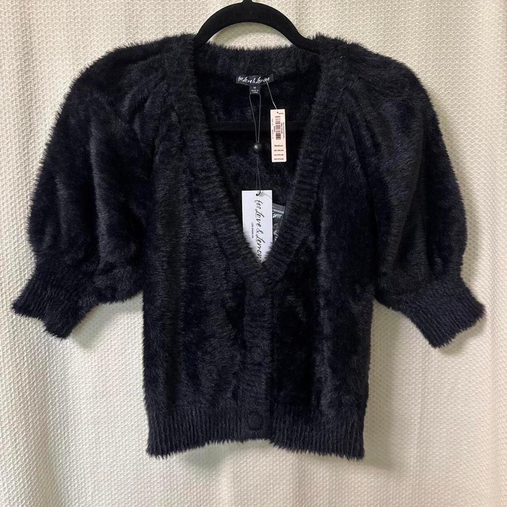 NWT For Love & Lemons MEDIUM fuzzy cropped cardigan, Black puff sleeve